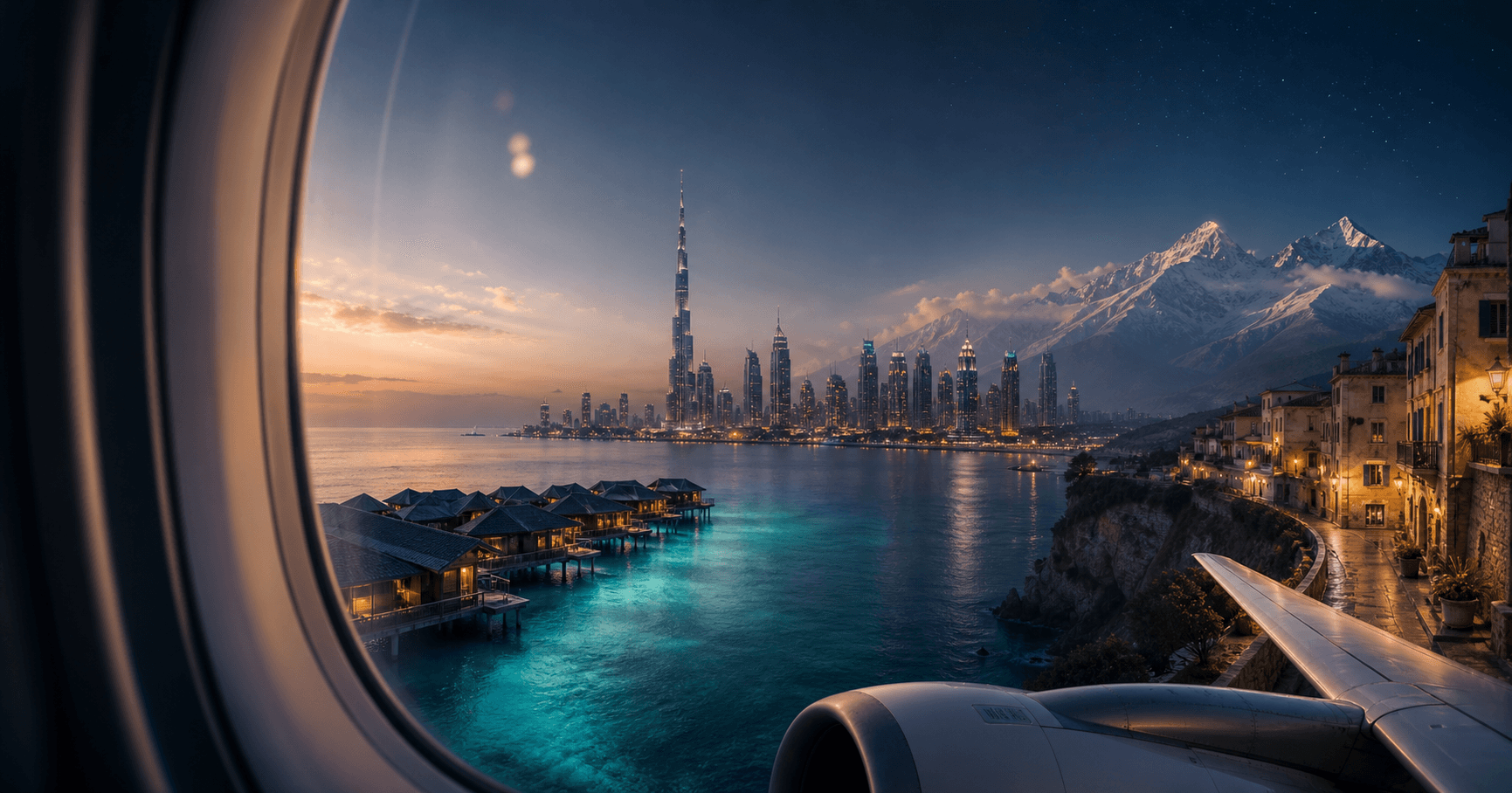 Cinematic luxury travel montage seen from an aircraft window